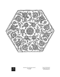 Printable Coloring Page Turkish Hexagonal Tile with Floral Design