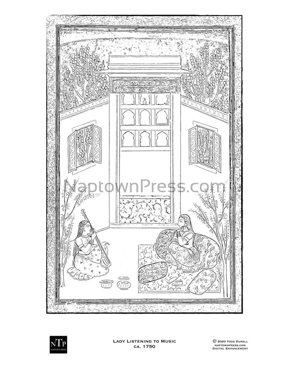 Printable Coloring Sheet of Indian Lady Listening to Music