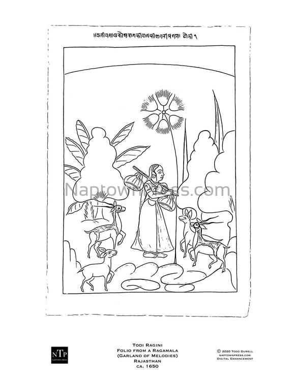 Printable Coloring Sheet of Woman with Animals (Todi Ragini) from India