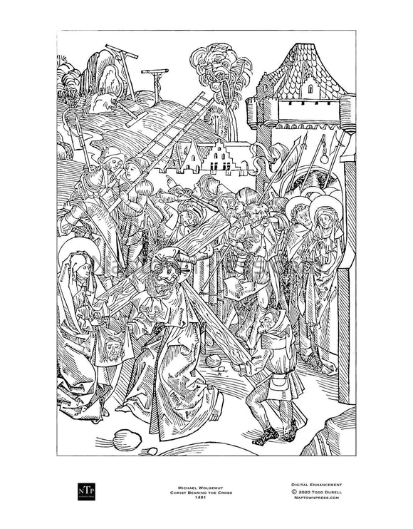 Printable Medieval Christian Woodcut “Christ Bearing the Cross” Coloring Sheet